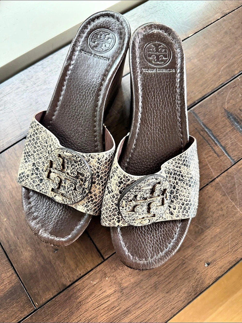 Tory Burch Brown & Gold Leather Wedge Sandals